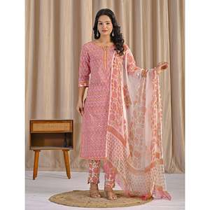 Hand Drawn Pink <b>Block</b> <b>Printed</b> Cotton Anarkali Kurta Pant Set Pakistani Style Indian Ethnic Wear with Salwar - Product Image 3