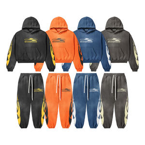 Ropa de calle, conjuntos de dos piezas ajustados de gran tamaño personalizados, Sudadera con capucha de Color naranja y pantalones, chándales de Fitness personalizados para hombres - Product Image 1