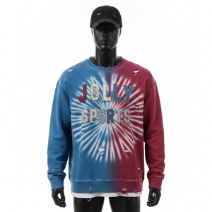 Premium Acid Wash <b>Sweatshirt</b> Soft Cotton Fleece Tie Dye Blue <b>Red</b> Distressed Style Embroidery Custom Logo Basic <b>Sweatshirt</b> - Product Image 1