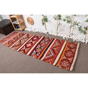 Alfombra de lana étnica vintage grande 2,9x9,1 pies rectángulo rojo naranja diseño de retazos con respaldo de látex para entrada, pasillo o habitación - Product Image 1