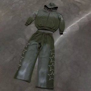 ชุดวอร์มสองชิ้นมีฮู้ดและกางเกงวอร์มประดับพลอยเทียมแบบกำหนดเองทรงหลวมสีสดใส - Product Image 5