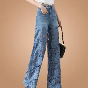 Pantalones vaqueros elegantes a la moda para mujer, pantalones holgados informales de Primavera de gran tamaño con retazos de encaje de cintura alta que combinan con todo - Product Image 2