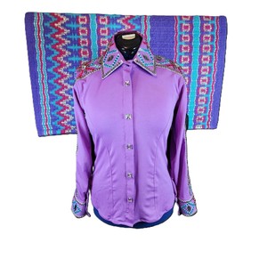 Camiseta de espectáculo occidental turquesa lavanda de cintura alta para mujer, cierre de cremallera transpirable, almohadilla de espectáculo a juego, ropa de equitación ODM - Product Image 2