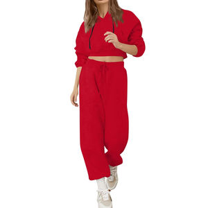 ชุดวอร์มกีฬาของผู้หญิงชุดวอร์ม2ชิ้นเสื้อครอปมีฮู้ดและจ๊อกกิ้งแบบออกแบบโลโก้ได้ตามต้องการสไตล์ใหม่ - Product Image 1