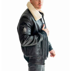 Vente en gros 2024 nouvelle veste de motard en cuir pour homme à la mode col en fourrure en cuir véritable fermeture à glissière sur le devant ourlet et poignets côtelés tricotés - Product Image 6