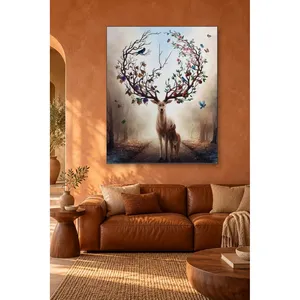 Impression sur toile Fida Deer avec fleurs et oiseaux sur les bois de cerf - Product Image 1