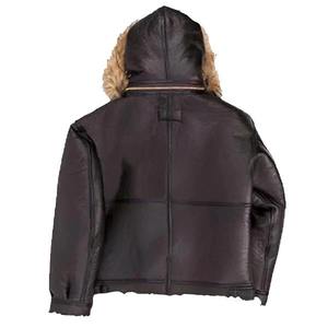 2026 Winter <b>Men</b> Brown <b>Shearling</b> Leather Aviator <b>Jacket</b> Pilot Coat with Fur Hood Warm Lining and Zipper Front Design - Product Image 4
