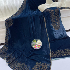 Ssumaira <strong>Unstitched</strong> Velvet Suits <strong>Fabric</strong> High Quality 9000 Micro Velvet Hand Work Heavy Stone 4 Cut DMC Stone 2 Pc Shirt Shawl - Product Image 1