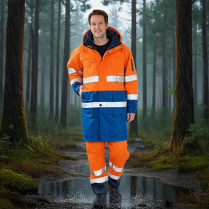 Orange/Blue Planam High-Viz Comfort <b>Raincoat</b> for Safety - Product Image 3