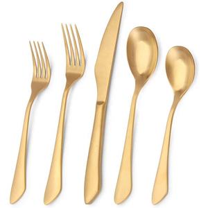 Modern Stainless Steel Spoon Fork Knife Restaurant Dinner Silverware Matte <b>Gold</b> Embossed Design Handle Cutlery Set - Product Image 4