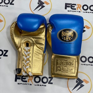 Professional Adjustable Lace-Up Genuine Leather Boxing <b>Gloves</b> Moisture Wicking Customized Golden Blue Colors for Gym Sparring - Product Image 1