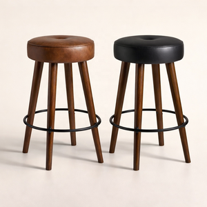 Genuine Leather Bar <b>Stool</b> Solid Wood Frame Industrial Vintage Design Brass Footrest Hotel Cafe Restaurant <b>Dining</b> Villa Seating - Product Image 3