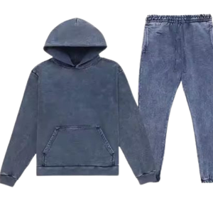 Blue <b>Grey</b> Acid Washed Hoodie Tracksuit <b>Men</b> Vintage Fleece Pullover <b>Sweatshirt</b> Jogger Pants Set Casual Streetwear Winter Outfit - Product Image 6