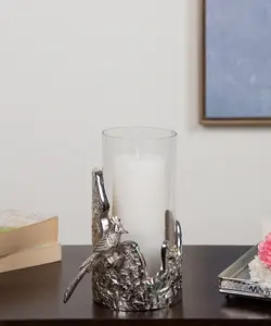 Portavelas cilíndrico de aluminio plateado elegante con soporte de metal votivo único de vidrio para ocasiones navideñas - Product Image 3