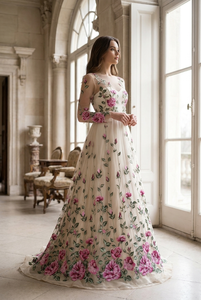 Dentelle florale réaliste en forme de vigne, broderie de roses roses, en tissu de mousseline léger, pour vêtements de mariage - Product Image 5