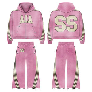 Ensemble de jogging streetwear grande taille pour hommes avec logo personnalisé survêtement délavé à l'acide sweat à capuche jambe droite pantalon de survêtement évasé thermique - Product Image 1