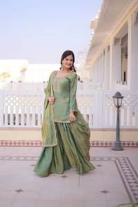 High Demanded Elegant Pakistani Style Sharara <b>Dress</b> <b>for</b> <b>Women</b> Festive Ethnic <b>Suit</b> with Rich Embroidery & Satin Finish - Product Image 6