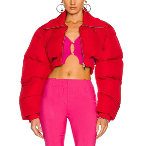 Chaqueta Corta Acolchada Roja de Moda para Mujer, Diseño Recortado de Manga Larga, Puños Acanalados, Bolsillo con Cremallera, Ropa Exterior Informal - Product Image 1
