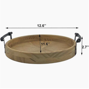 Vente en gros Plateau rond en bois rustique Poignées en métal Plateau décoratif en bois d'acacia Table basse ottomane pour cuisine Vietnam - Product Image 2