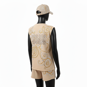 <b>Women</b> sleeveless t shirt and <b>short</b> <b>set</b> premium cotton jersey rhinestone heat transfer logo custom wear 100% Cotton <b>Women's</b> <b>Sets</b> - Product Image 5