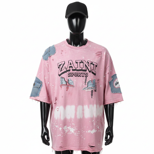 Camiseta 100% algodón para hombre, corte holgado, estampada, camiseta para hombre, lavado ácido intenso, paneles de mezclilla rosa, logotipo personalizado, camisetas para hombre - Product Image 6