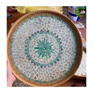 Bandeja de Mosaico de Ratán Hecha a Mano de Lujo, Bandeja de Servicio de Nácar Mixto para Decoración de Interiores, Bandeja de Servicio de Ratán de Bambú Hecha a Mano - Product Image 6