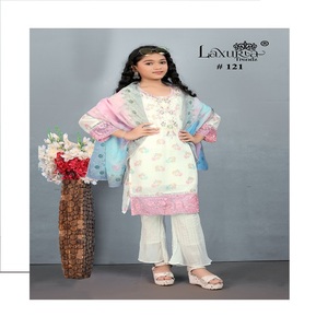 <b>White</b> and Blue Embroidered Girls Pakistani Style Kurti Set with Floral Print <b>Lace</b> Detailing Flared Pants - Product Image 1