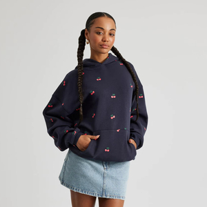 Sudaderas con capucha y sudaderas de mujer de alta calidad con logotipo impreso Puff OEM personalizado Jersey azul oscuro Sudadera con capucha extragrande de algodón de peso pesado - Product Image 1