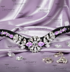 Bride d'équitation en cuir noir faite à la main, design floral en forme de V, avec bandeau de tête de cheval en cristal transparent et lavande de luxe - Product Image 4