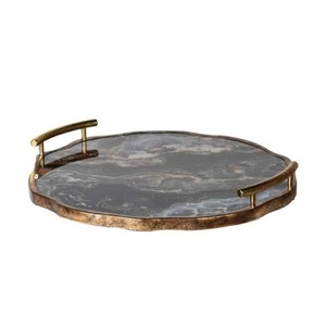 Resin <b>Serving</b> <b>Tray</b> with Gold Plated Finishing Handle <b>Round</b> <b>Serving</b> <b>Tray</b> Dinnerware <b>Serving</b> Dish Metal <b>Trays</b> Food And Fruit - Product Image 1