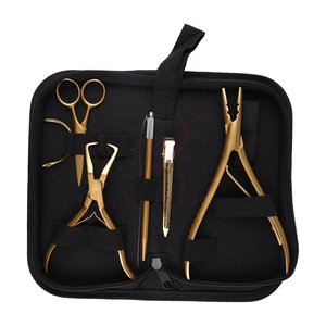 Kit de alicates para extensiones de cabello de Color dorado con estuche, tijeras Clips agujas enhebrador de bucle logotipo personalizado herramientas de extensión de cabello - Product Image 3
