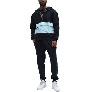 Sweat à capuche en molleton de coton pour homme, de haute qualité, à épaules tombantes, patchwork, demi-zip, surdimensionné, avec grande poche avant, blocs de couleur - Product Image 2