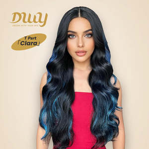 DWY 26-Inch Long <b>Black</b> Wavy <b>Wig</b> with Blue Highlights Synthetic Heat-Resistant Curly Daily Wear for Parties Transparent Lace - Product Image 1