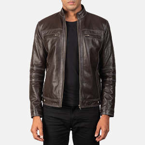 Youngster Brown Genuine Leather Biker <b>Jacket</b> <b>Sheepskin</b> Cowhide Zippered Pattern Decoration Reversible Size XS for Autumn Season - Product Image 1