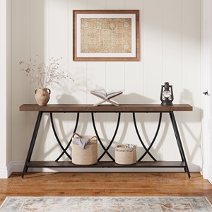<span class=keywords><strong>Console</strong></span> d'entrée <span class=keywords><strong>rustique</strong></span> en bois, table de canapé à structure métallique stable avec pieds réglables, table de couloir à 2 niveaux pour la maison et l'hôtel - Product Image 4