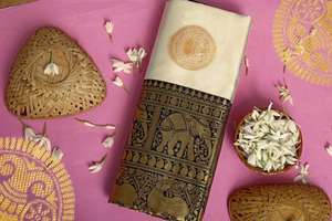 Lujosos saris de seda Jacquard pesados de viscosa, borde tejido Jacquard grande dorado para fiestas de atuendos tradicionales indios - Product Image 2