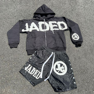 Parches bordados desgastados personalizados, traje de Jogger de nailon y algodón, sudaderas con capucha de gran tamaño, conjunto de pantalones cortos, chándales para hombres - Product Image 2