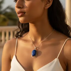 Colgante de Plata 925 con Lapislázuli para Mujer, Chapado en Rodio, Joyería de Piedras Preciosas en Oro Blanco con Estilo Religioso y Patrón Numérico - Product Image 3