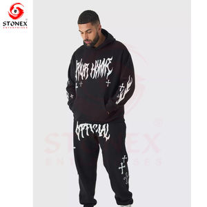 Ensemble deux pièces en coton personnalisé OEM ensembles sweat à capuche et pantalon vintage délavés avec fermeture éclair et strass survêtements avec patch délavé au soleil pour hommes - Product Image 4