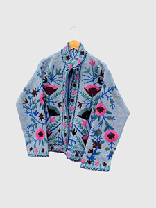 Veste en velours brodée à manches longues avec broderie florale faite à la main, col châle, grande taille, pour femme, automne - Product Image 3