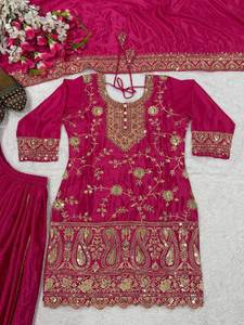 Magnifique costume palazzo en georgette rose vif avec travail de zari, tenue traditionnelle pakistanaise et indienne pour les invités de mariage, séchage rapide - Product Image 5