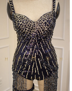 Robe de soirée de Cocktail élégante, droite, mi-longue, sans manches, en crêpe, avec broderie de perles et paillettes - Product Image 4