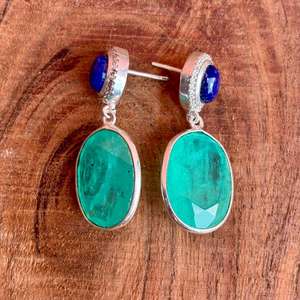 Boucles d'oreilles ovales artisanales Pariba Tourmaline et Lapis Lazuli bleu avec placage en argent bijoux élégants en pierres précieuses pour femmes - Product Image 6