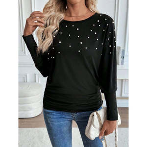 Blusa de viscosa con adornos de perlas y cuello redondo y manga larga para mujer, 28683 - Product Image 1