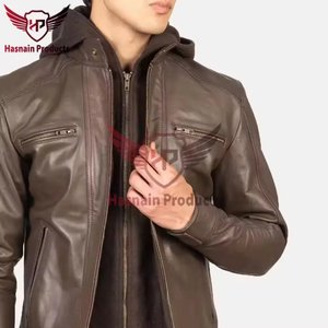 Veste à capuche en cuir véritable marron pour homme, double fermeture éclair, poches poitrine, en peau de mouton, style motard vintage, manteau d'hiver personnalisé - Product Image 5