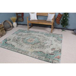 Alfombra Vintage de Lana con Diseño a Cuadros Azul Turco, 5x7.3 pies - Product Image 1