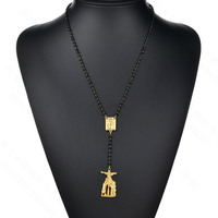 Collier en or avec chaîne en Y, perles délicates, chapelet long religieux catholique, breloque croix Vierge Marie, vente en gros