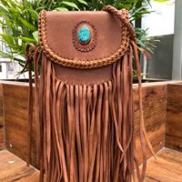 2025 nouveau personnalisé Turquoise pierre en cuir véritable frange tressé sac à bandoulière Western bohème peau de vache sac à main pour les femmes