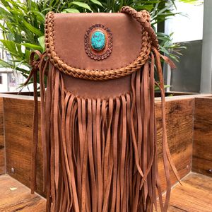 2025 nouveau personnalisé Turquoise pierre en cuir véritable frange tressé sac à bandoulière Western bohème peau de vache sac à main pour les femmes - Product Image 4