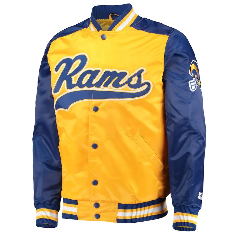 Coole Satin Authentic LA Rams Blaue und gelbe Jacke Upper Wear Varsity Jacket Hochwertige Jacke für beide Geschlechter